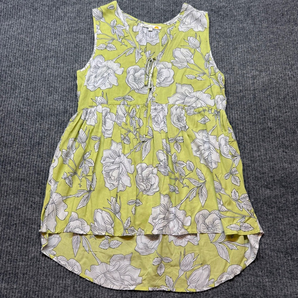 C&C California Lime Green Floral Sleeveless Blouse Womens Small Boho Lace Up